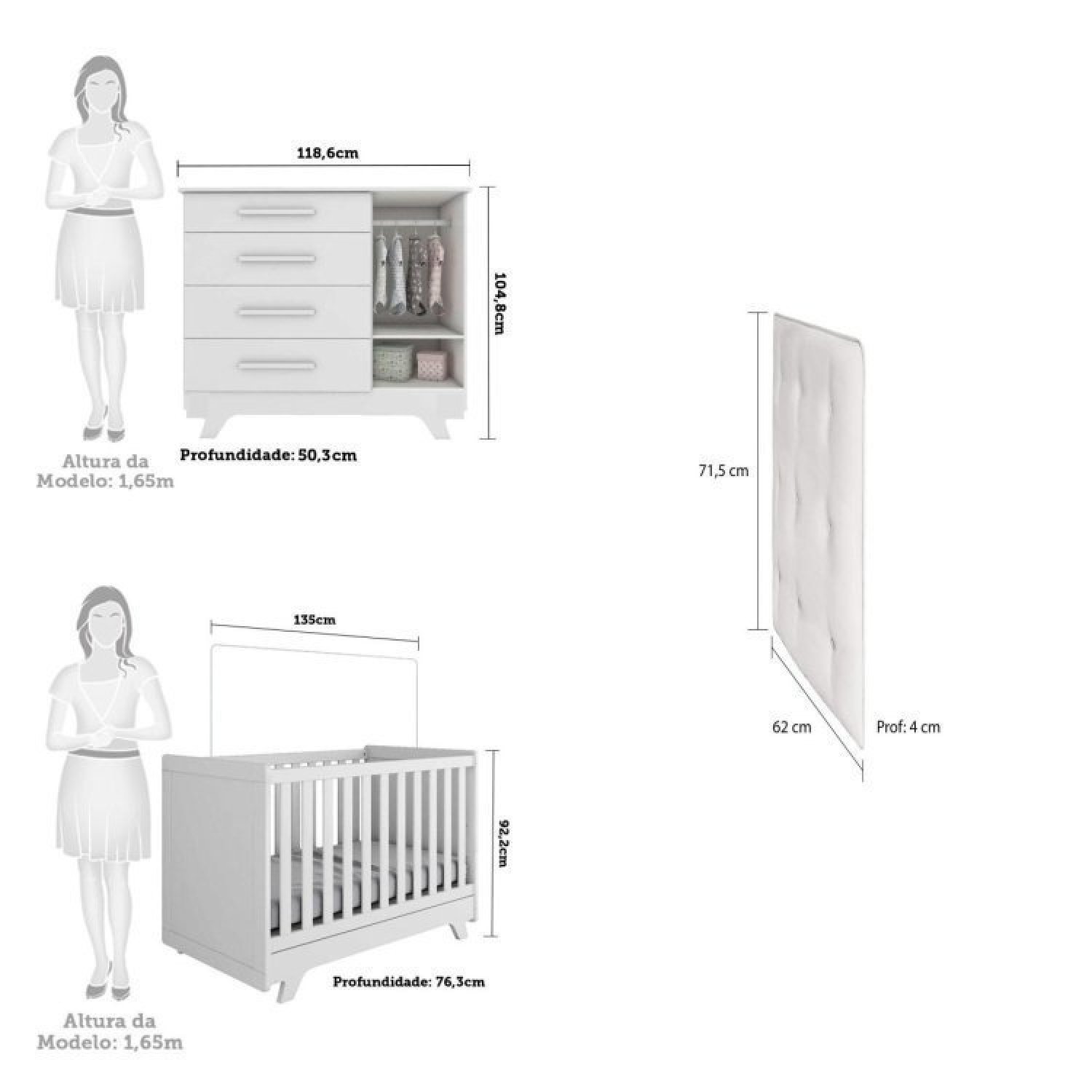 Conjunto para Quarto de Bebê Cômoda 1 Porta com Janela e Berço com Capitone Retrô Jolie - 3
