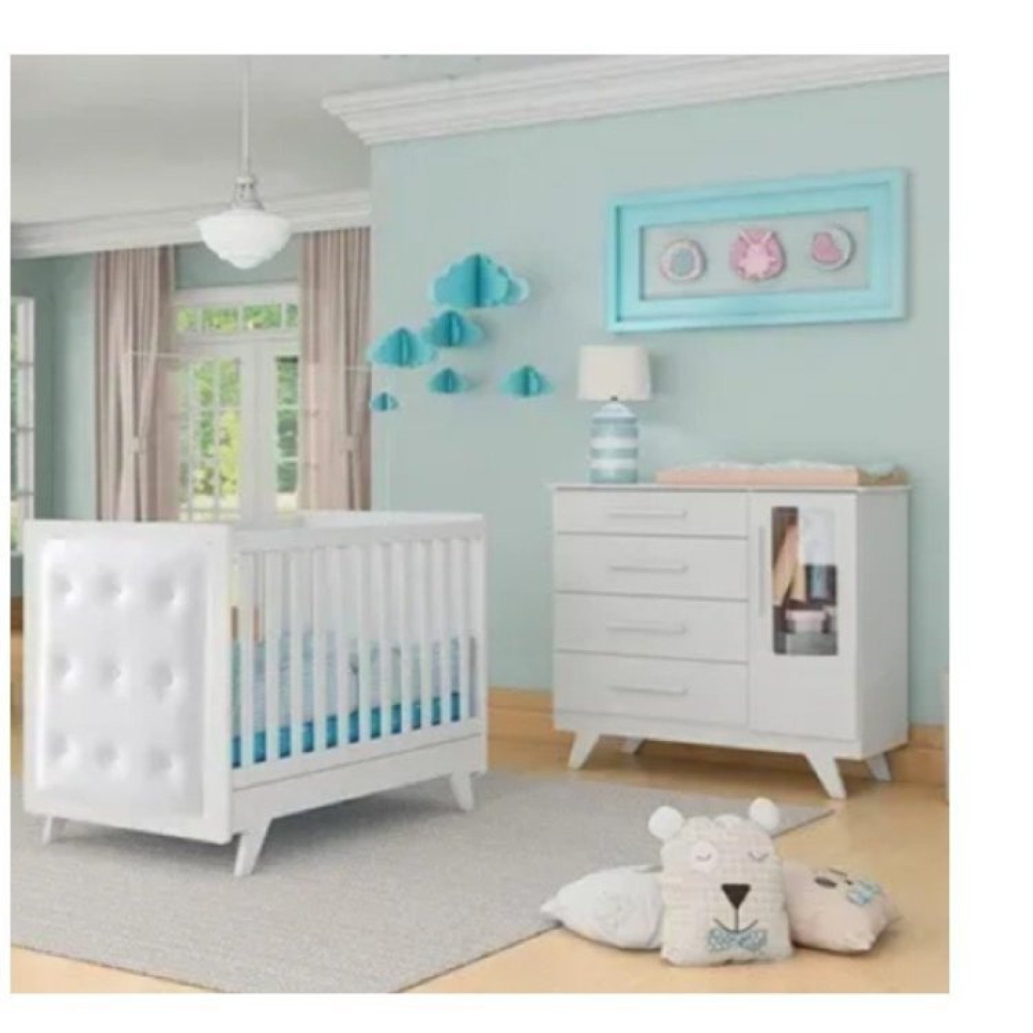 Conjunto para Quarto de Bebê Cômoda 1 Porta com Janela e Berço com Capitone Retrô Jolie - 1
