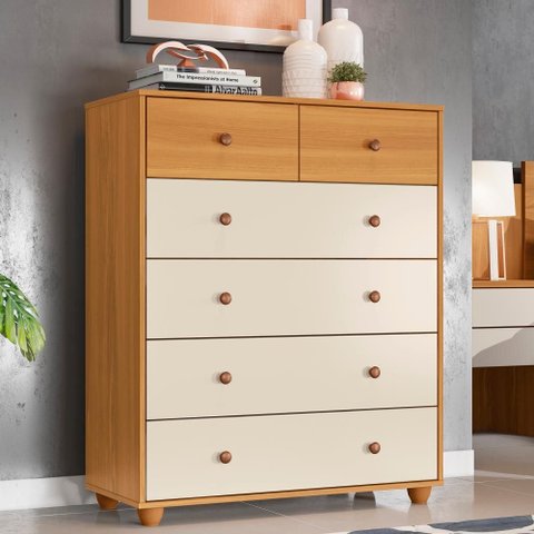 Cômoda Pequena para Quarto com 6 Gavetas Vittória Carvalho Grife Off White Albatroz