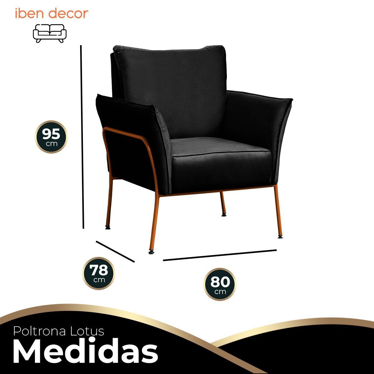 Poltrona para Sala Decorativa Lotus Bronze Assento Veludo Preto - Iben Móveis - 2