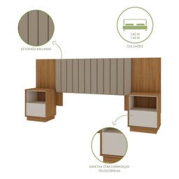 Cabeceira Casal Extensível Estofada com 2 Mesas de Cabeceiras Zurik - 6 Cabeceira Casal Extensível Estofada com 2 Mesas de Cabeceiras Zurik - 6