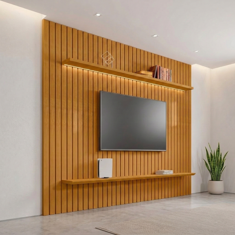 Painel para Tv até 75 Polegadas 220cmx230cm Ripado 2 Prateleiras 100% Mdf Roma