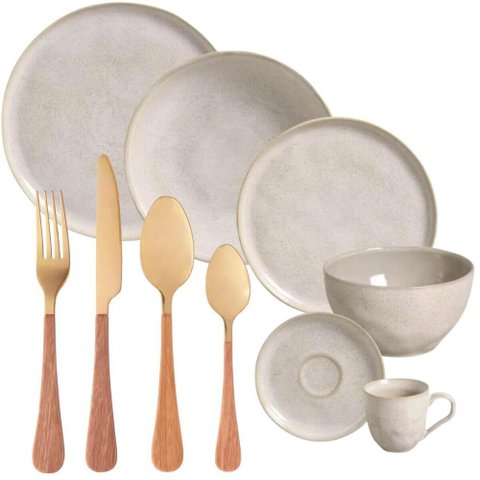 Jogo de Jantar 30 Pçs Cerâmica Faqueiro 24 Pçs Inox Dourado Mesa Posta 6 Pessoas