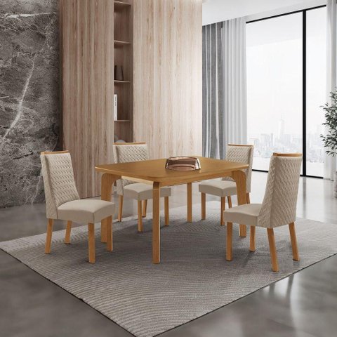 Mesa de Jantar Liz 4 Lugares Retangular MDF Creme e Natural Moderna 120cm