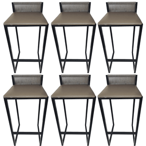 Kit 6 Banquetas Alta Encosto Junco Café Assento Marrom