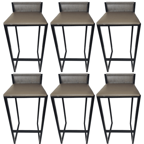 Kit 6 Banquetas Alta Encosto Junco Café Assento Marrom