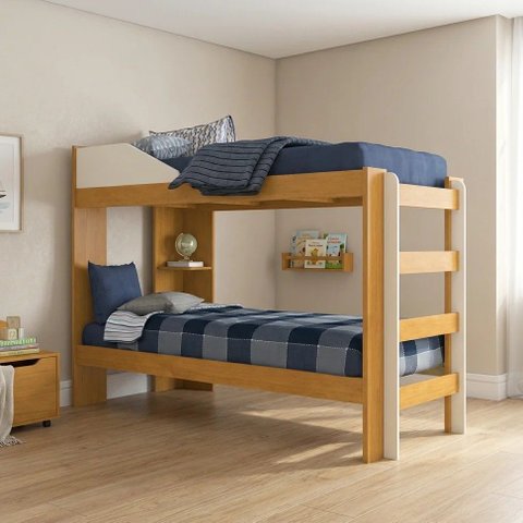 Beliche Solteiro com Prateleira e Proteção Antiquedas Indy Cinamomo/Off White