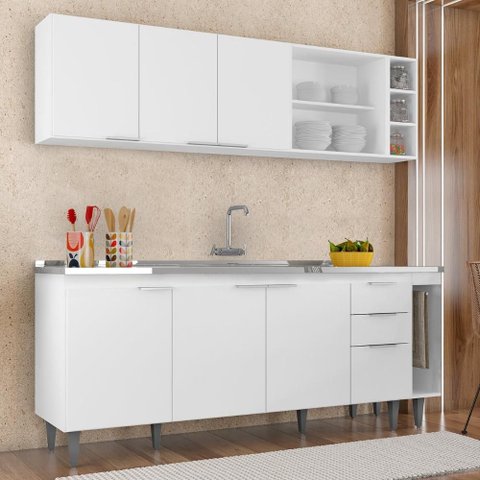 Armário de Cozinha CP11 com Pia 200cm Pérola Z34 Branco - Mpozenato