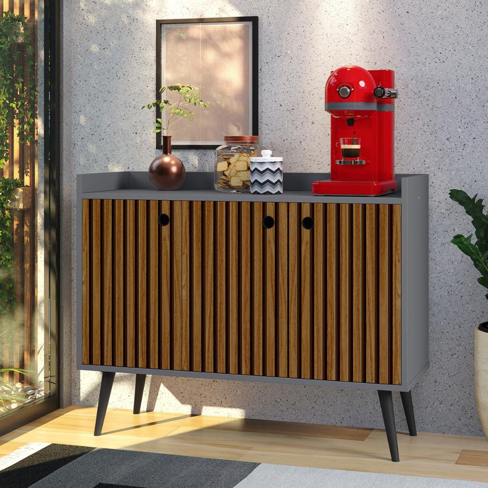 Aparador Buffet Balcão Compacto 90 cm Multiuso Decoração Sala Escritório Wood New- Cinza/Ripado - 1