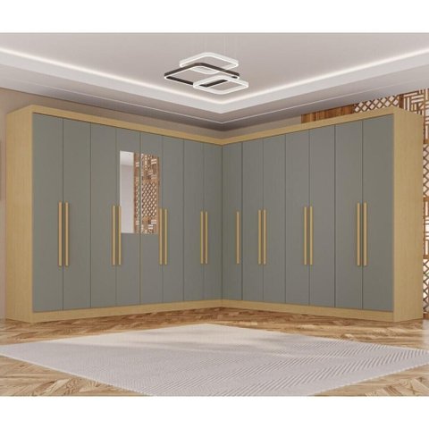 Guarda-Roupa Casal Modulado Canto com Espelho 15 Portas 6 Gavetas Multimóveis Madeirado/Cinza