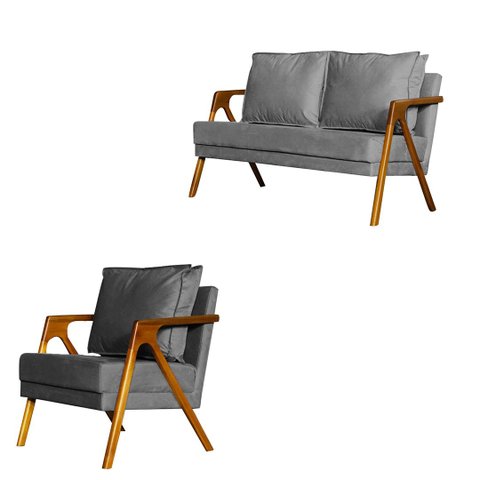 Kit 1 Poltrona Mona Luxo + Namoradeira Mona Luxo Recepção - Suede Cinza