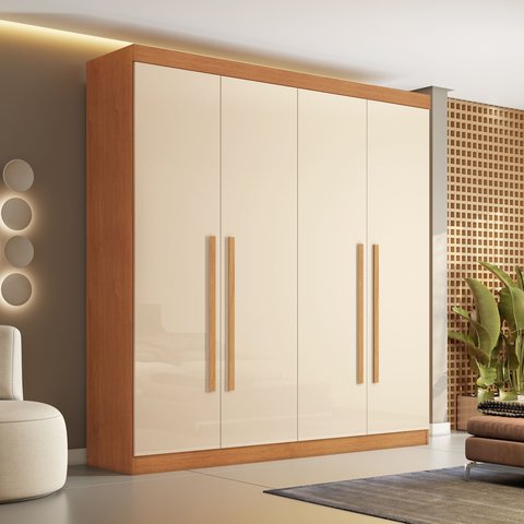 Guarda Roupa Casal 4 Portas 3 Gavetas 100% MDF Roma Cinamomo e Off White Marrom