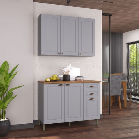 Cozinha Compacta Bariloche 6 Portas 2 Gavetas com Tampo e Pés 100% MDF Titânio Fosco - Indékes