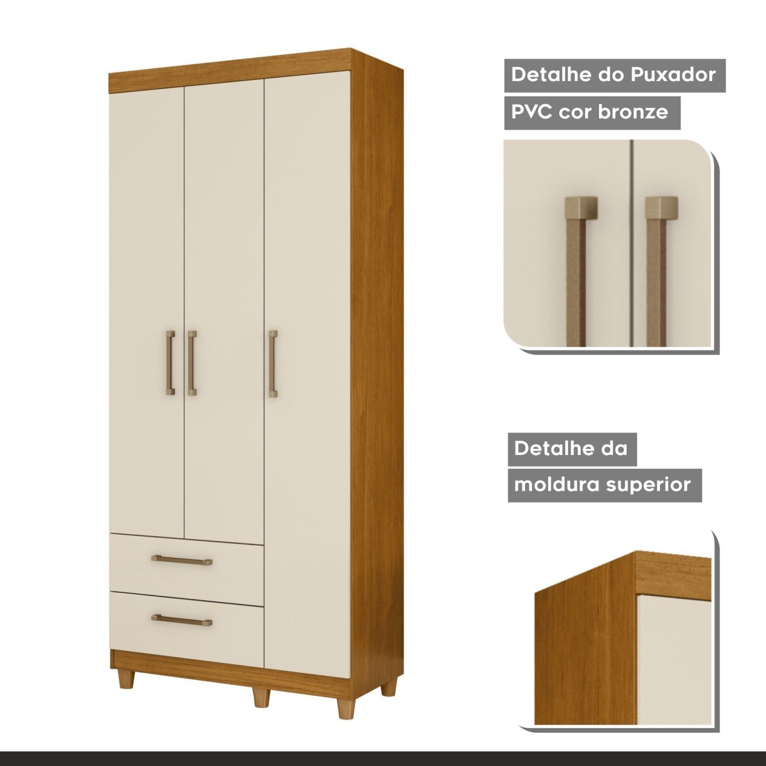 Guarda Roupa Solteiro 3 Portas 2 Gavetas Canadá - 7