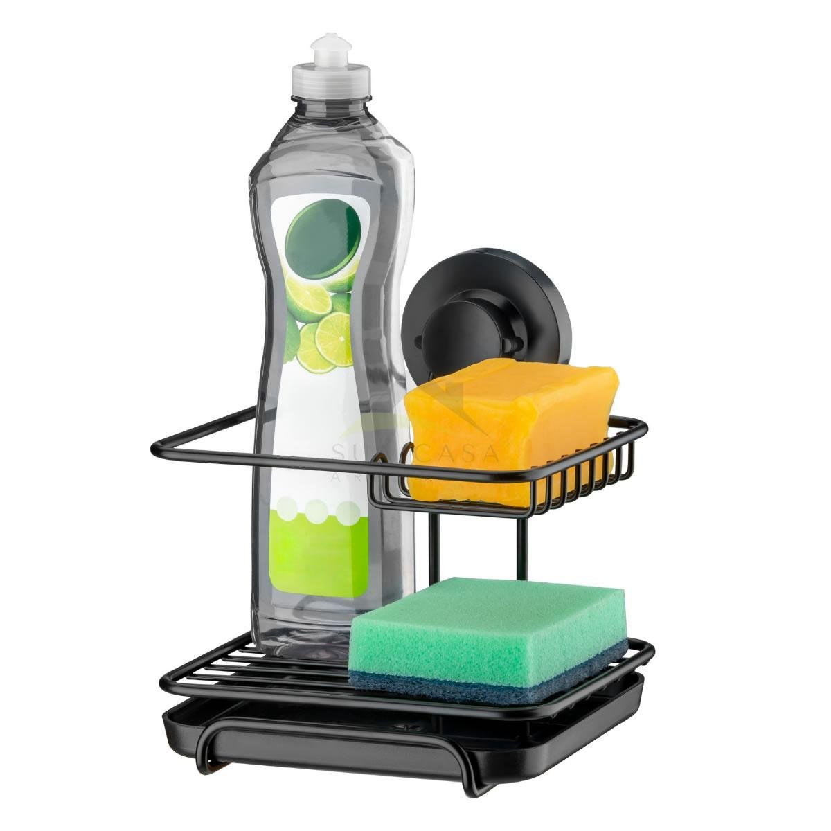 Suporte Sabão Detergente Esponja Ventosa Preto Cozinha - 1