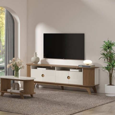 Conjunto Sala Estar Mesa de Centro e Rack Vivaldi Marrom Cinamomo/Off White