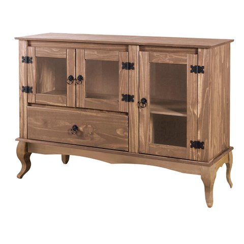 Balcão Buffet Aparador 3 Portas 1 Gaveta Portas de Vidro Pés Luiz Xv D125 - Mel Rustic
