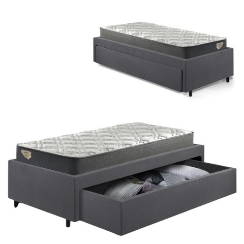 Base Box Cama Solteirão Sapateira Suede Cinza e Colchão Adapto Ecoflex 96x203
