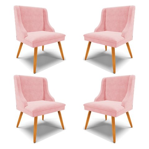 Kit 4 Cadeiras Decorativas Sala de Jantar Pés Palito de Madeira Firenze Suede Rosa Bebê/Natural G19 