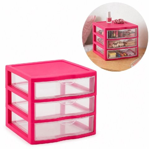 Gaveteiro de Mesa Rosa Organizador Multiuso 3 Gavetas Reforcado Joias Bijuterias Costura Artesanato 