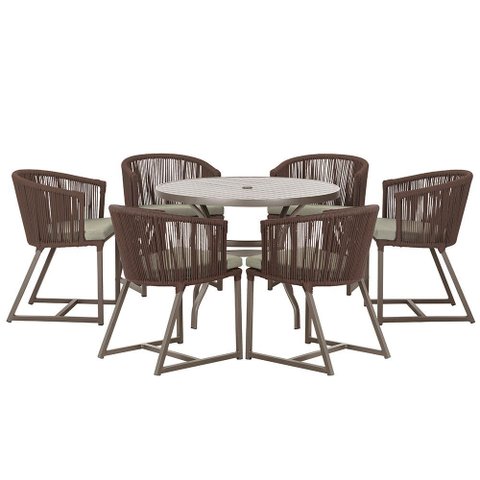 Mesa com 6 Cadeiras de Jantar Roma 120cm e Noronha em Alumínio Marrom Corda Náutica Estofado 8 Trama