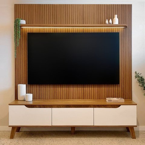 Rack com Painel Ripado para TV até 75 Polegadas com LED Impressão Ripada 3D Liverpool