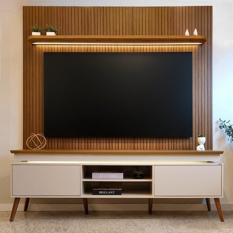 Rack Painel Ripado para TV até 75 Polegadas com LED MDF 185,6cmx245,5cm Impressão Ripada Lumina Liverpool Marrom Pinho/Off White