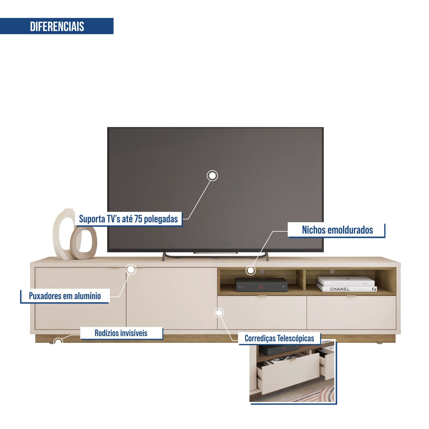 Rack Para TV 75 Polegadas com 2 Gavetas Viena - 7