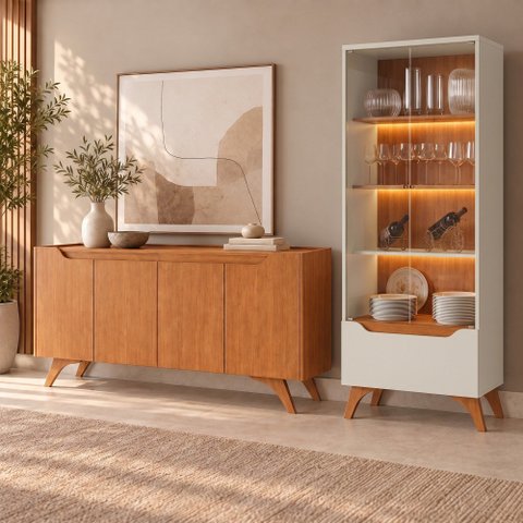 Conjunto Sala de Jantar Atenas Buffet Naturalle Cristaleira Off White/Naturalle Mavaular