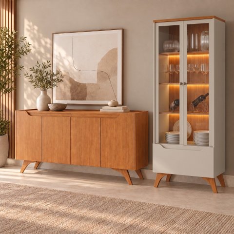 Conjunto Sala de Jantar Atenas Buffet Naturalle Cristaleira Off White/Naturalle Mavaular