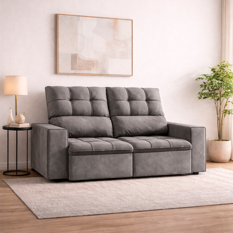 Sofá Retrátil Reclinável 3 Lugares Premiere Tecido Suede American Prime 1,80m Espuma D33 Cinza