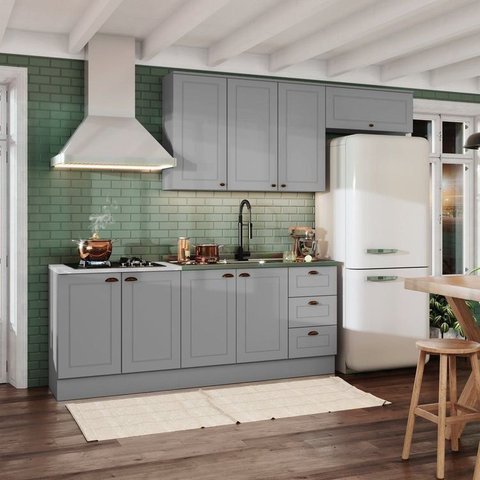Cozinha Compacta Modulada 4 Peças com Balcão para Pia e Aéreo Emily Cinza/Calcare