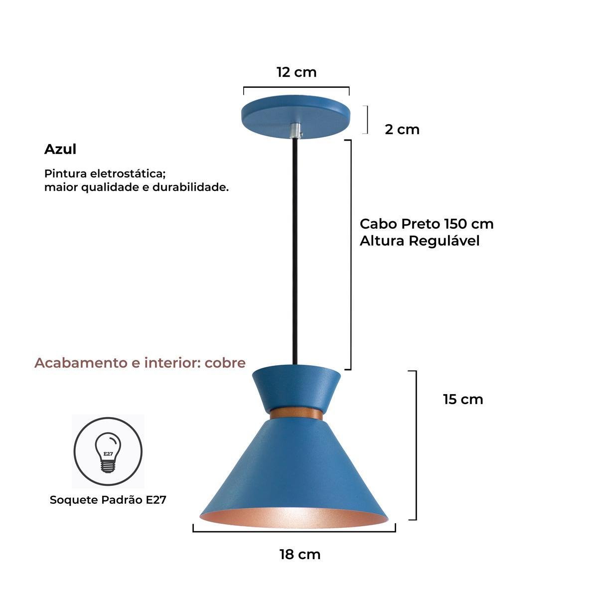 Kit 3 Pendente Lustre Luminária Berlim 15cm Azul - 3