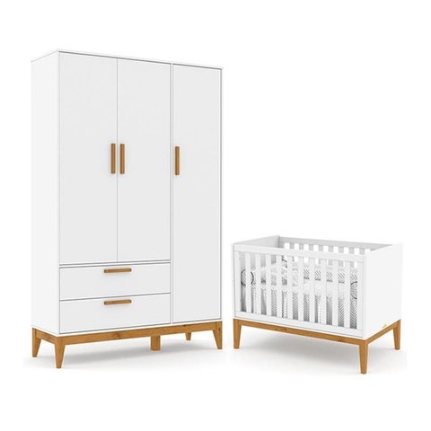 Jogo de Quarto Infantil Nature com Guarda Roupa 3 Portas e Berço Branco Soft/eco Wood - Matic Móveis