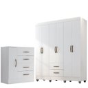 Ver imagem 1 de Kit Guarda-roupa Casal 6 Portas e Cômoda Sapateira 1 Porta Lisa Branco