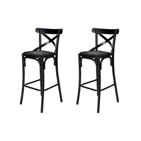 Kit 2 Banquetas Katrina Assento em Corano Base Fixa com Encosto em Aco Preto