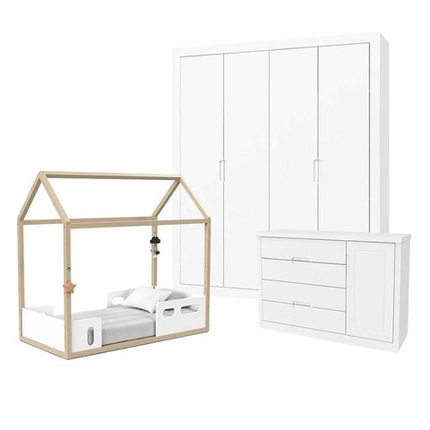Quarto de Bebê Tutto New 4 Portas e Mini Cama Montessoriana Liv Branco Soft Natural - Matic