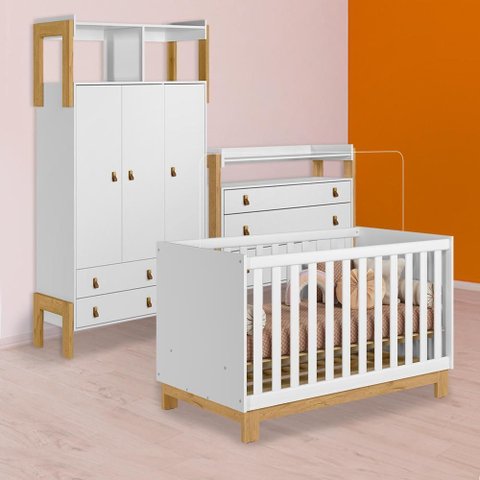 Conjunto Berço Mini Cama Slim, Cômoda C/nicho e Guarda Roupa C/nicho Branco