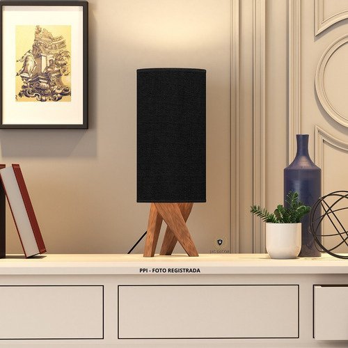 Abajur Pequena De Quarto Luminária De Mesa Madeira Moderna:Preto - 2