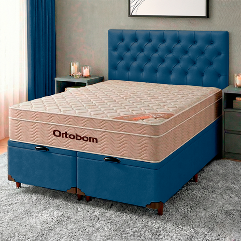 Conjunto Cama Box Bau Blindado Queen + Colchão Molas Ensacadas Airtech Ortobom + Cabeceira