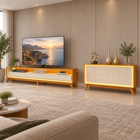 Conjunto Rack + Buffet Requinte 260 cm - Naturale/Off White Gelius
