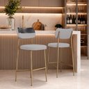 Ver imagem 3 de Kit 2 Banquetas Alta Sala de Jantar Lisa Pés Champanhe Linho/PU Cinza/Preto m² - Monari Design