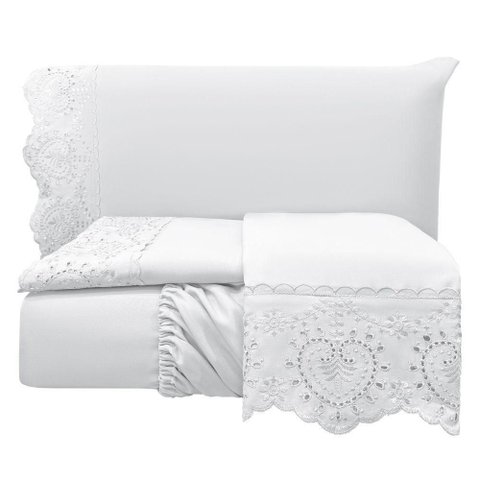 Jogo Cama Lençol Casa Scarpa Detail Queen Bordado Guipir Bordado Inglês Percal 300 Fios 4 Peças