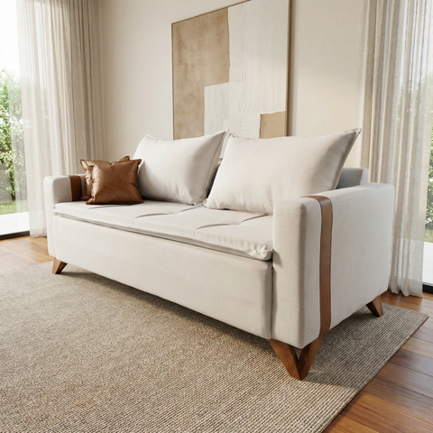 Sofá 2 Lugares Espanha Base Madeira Tecido Linho Cru Living 1,80m