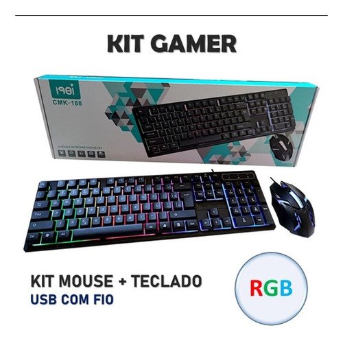 Kit Teclado e Mouse Gamer Rgb Led Usb com Fio Cmk-188 Jogos