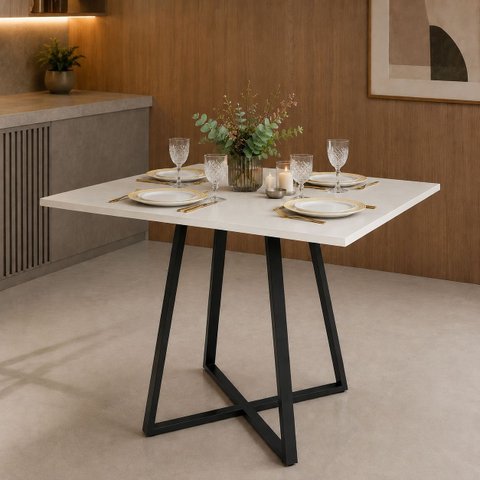 Mesa de Jantar Santorine Quadrada MDF e Base de Aço Reunião Off White/Preto - Lh Móveis