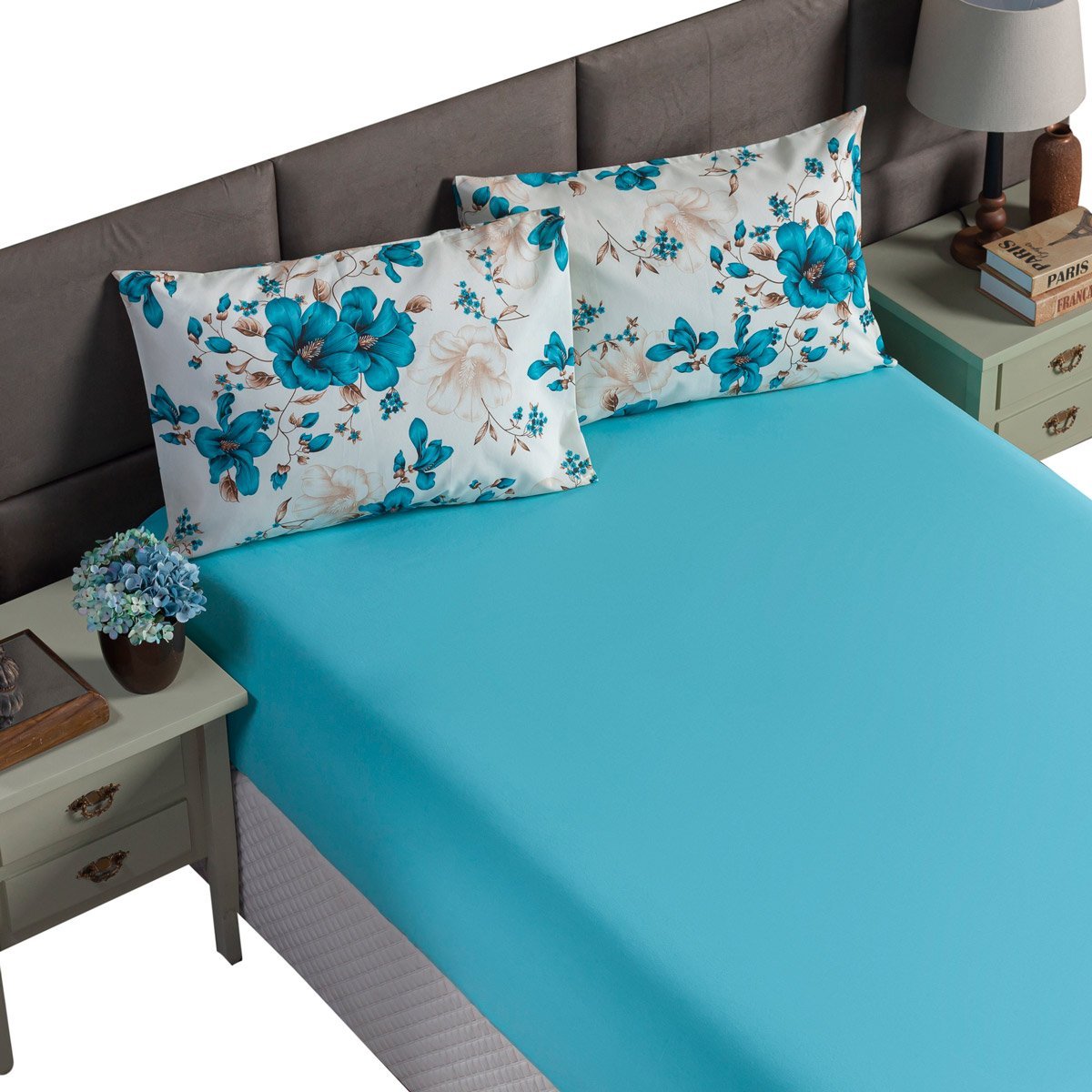 Jogo Lençol Elástico Cama King Size 3 Peças 180 Fios Estampado Azul Rosa Vermelho Floral Tiffany