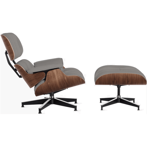 Poltrona Charles Eames com Banqueta Madeira Imbuia em Couro Legítimo Cinza