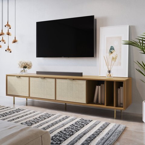 Rack para TV até 75 Polegadas 3 Gavetas com Palhinha Madeira Maciça 180cm Yescasa