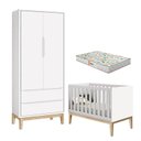 Ver imagem 1 de Berço Americano e Guarda Roupa 2 Portas New Classic Branco com Pés Madeira Natural e Colchão Gazin –